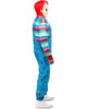 Person wearing a colorful onesie with cartoon character design on a white background