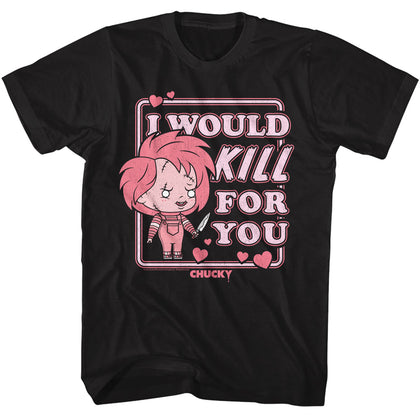 Black t-shirt with cartoon character and text 'I Would Kill for You' on a white background