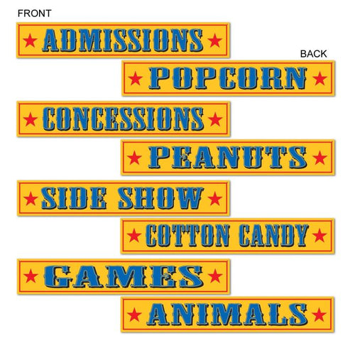 Set of colorful signs with text like 'Admissions', 'Popcorn', 'Concessions' on a white background.