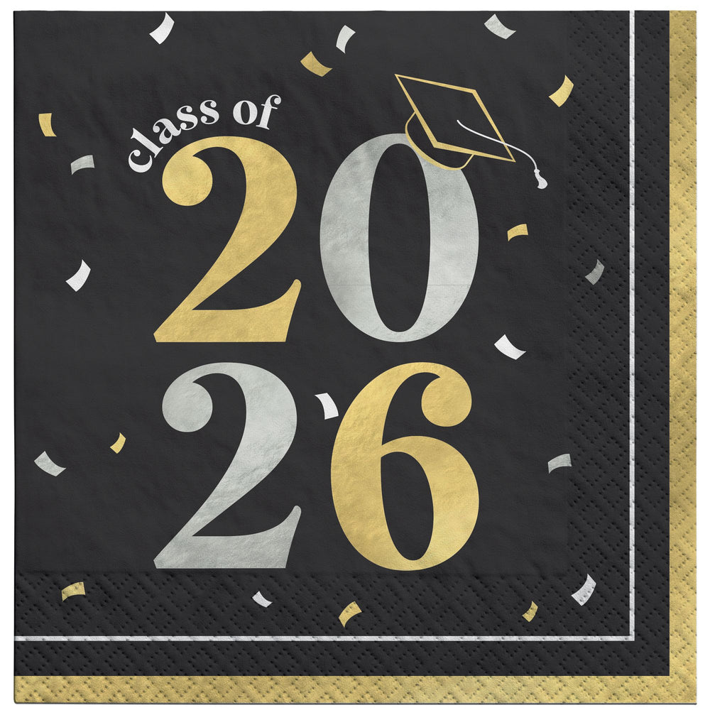 Napkin with 'class of 2026' text and graduation cap design on a black background