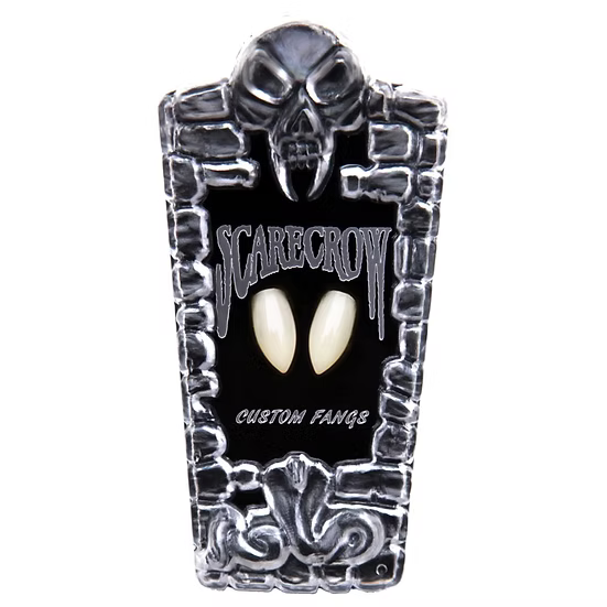 A gothic tombstone-shaped custom fan holder featuring a skull at the top, the words 'SCARECROW' and 'CUSTOM FANQS' on a black center panel, and two white faux-fang cutouts, shown on a plain white background.