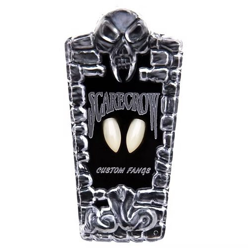 A gothic tombstone-shaped custom fan holder featuring a skull at the top, the words 'SCARECROW' and 'CUSTOM FANQS' on a black center panel, and two white faux-fang cutouts, shown on a plain white background.