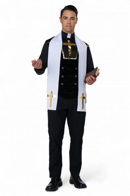Person wearing a black and white priest costume with a stole on a white background