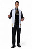 Person wearing a black and white priest costume with a stole on a white background