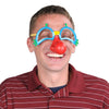 Person wearing a clown nose and glasses with a red background
