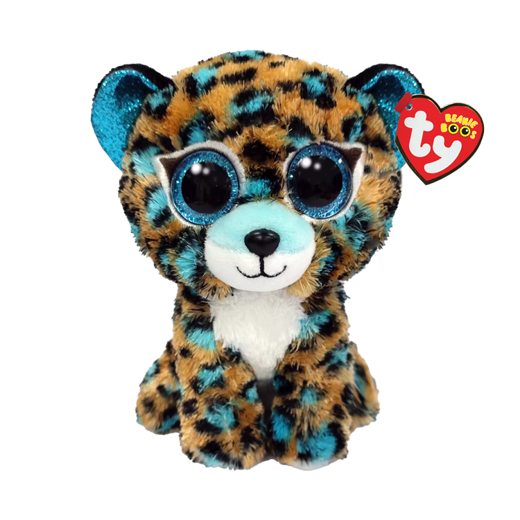 Plush toy leopard with blue accents and Ty logo on a white background