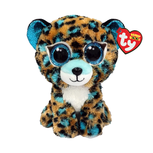 Plush toy leopard with blue accents and Ty logo on a white background