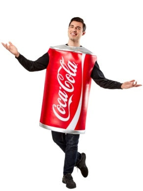 Person wearing a Coca-Cola costume on a white background