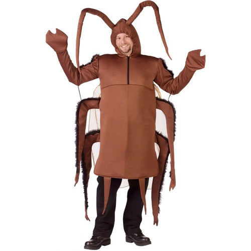 A man modeling a brown cockroach costume with long antennae, clawed hands, and legs, shown against a plain white background.