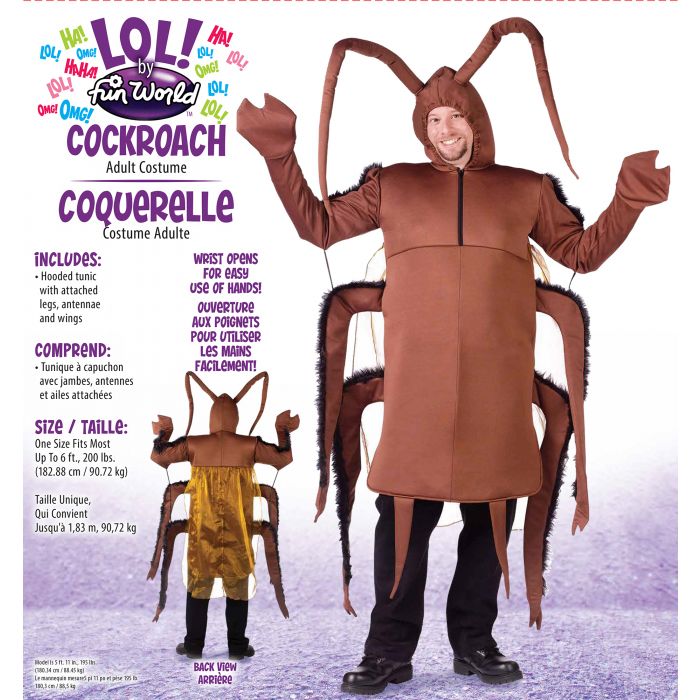 An adult cockroach costume shown on a person against a light studio background, with printed product information and a smaller back view inset. The costume is primarily brown with black legs and antennae, and the image includes French text describing the costume and included accessories.