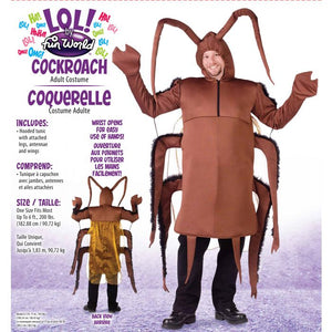 An adult cockroach costume shown on a person against a light studio background, with printed product information and a smaller back view inset. The costume is primarily brown with black legs and antennae, and the image includes French text describing the costume and included accessories.
