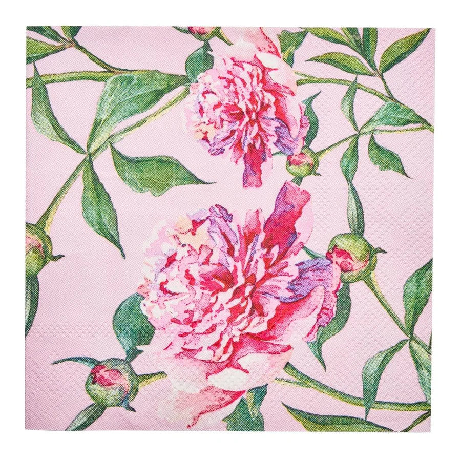 Floral patterned paper napkin with pink flowers and green leaves on a light pink background