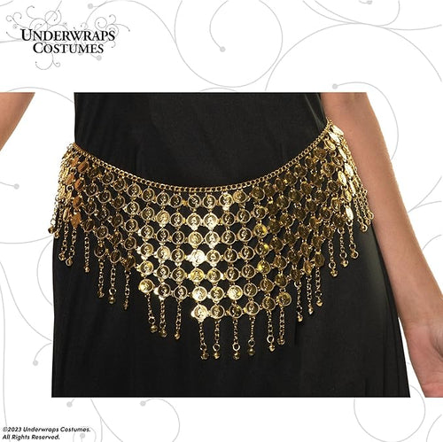 Gold chain belt with coins on a black skirt against a white background
