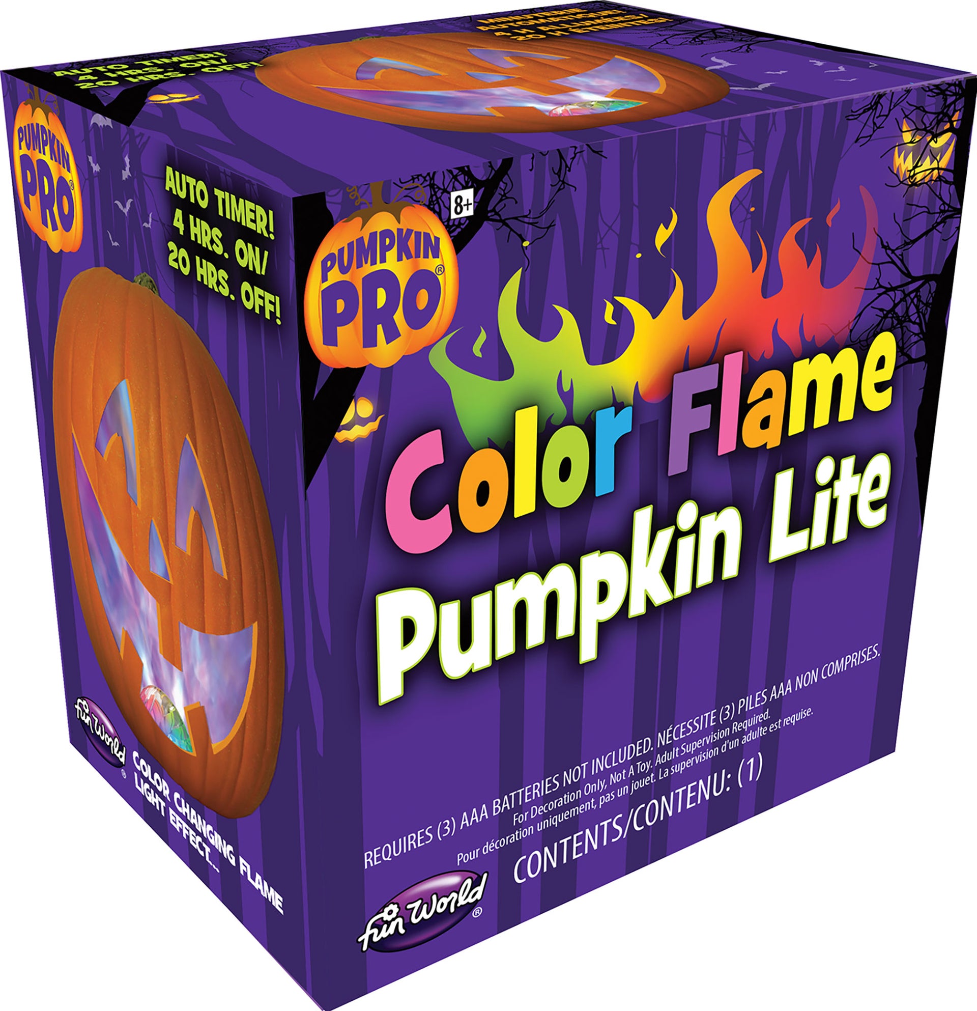 Box packaging for the Fun World Pumpkin Lite Color Flame toy, featuring a purple Halloween-themed box with orange jack-o'-lantern graphics and multicolor flame graphics.
