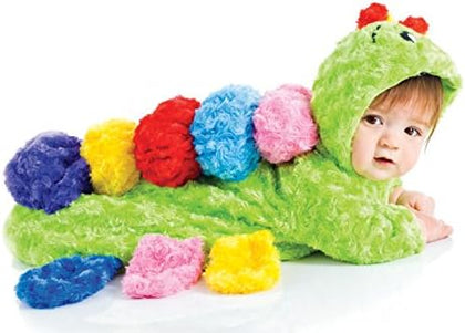 Child wearing a colorful caterpillar costume on a white background