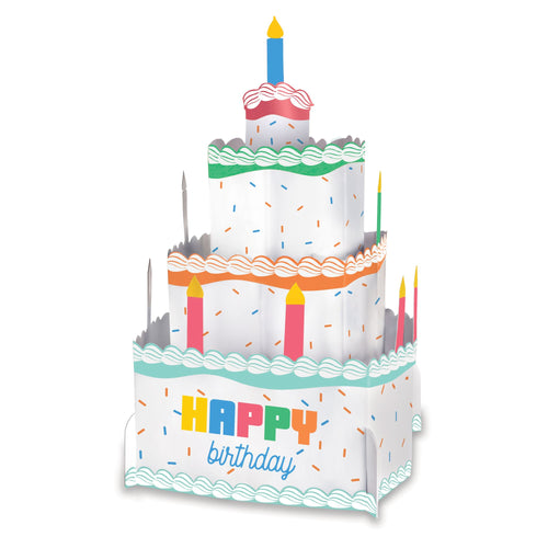 Colorful birthday cake with candles on a white background