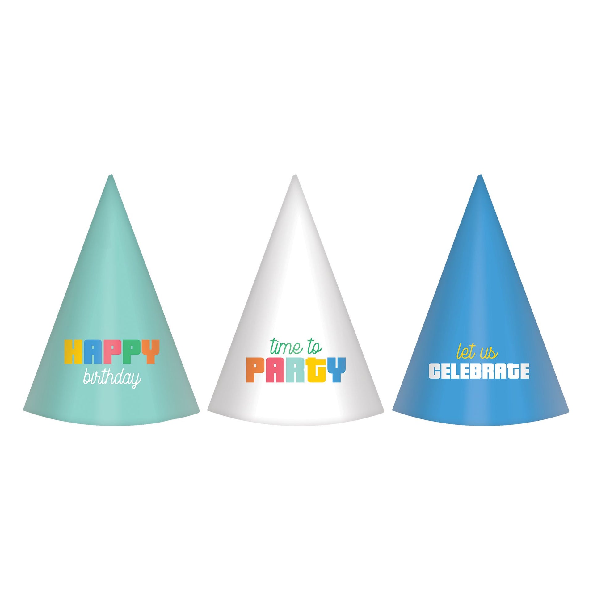 Three cone-shaped party hats in green, white, and blue with colorful text on a white background.