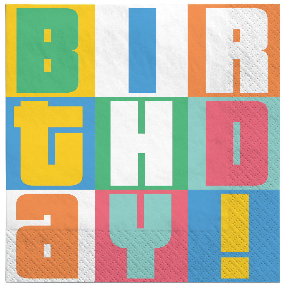 Colorful paper napkin with 'Happy Birthday!' text on a white background