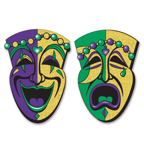 Two Mardi Gras masks in purple, green, and gold on a white background