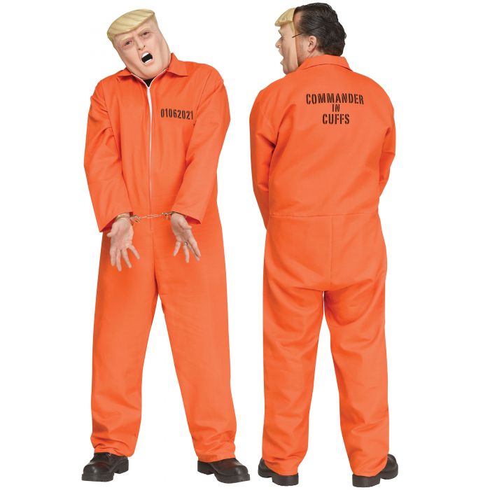Person wearing an orange jumpsuit with text, standing in front of a white background