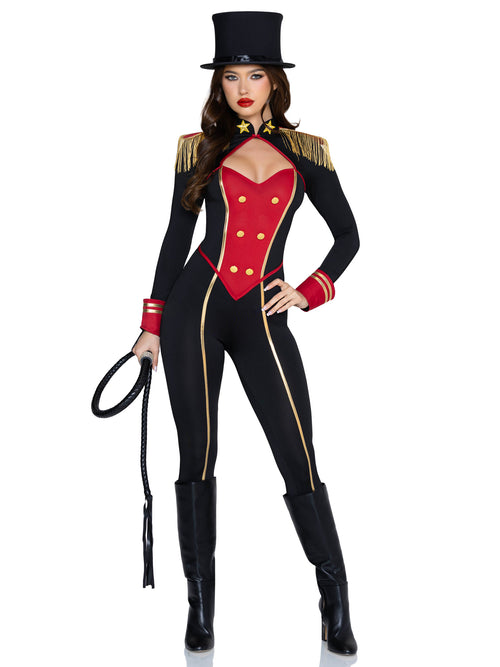 A woman modeling a black and red military-style costume with gold trim, a black top hat, gold shoulder epaulets, a red bustier-style front, striped cuffs, and black knee-high boots against a plain white background.
