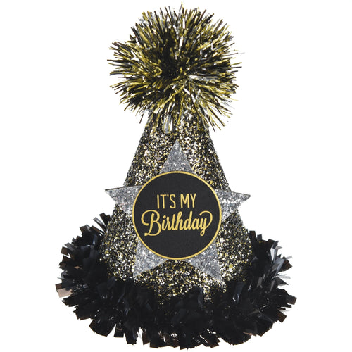 Decorative birthday hat with black, gold, and silver accents on a white background