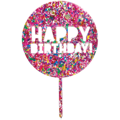 Colorful confetti balloon with 'Happy Birthday!' text on a white background