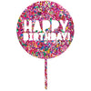 Colorful confetti balloon with 'Happy Birthday!' text on a white background
