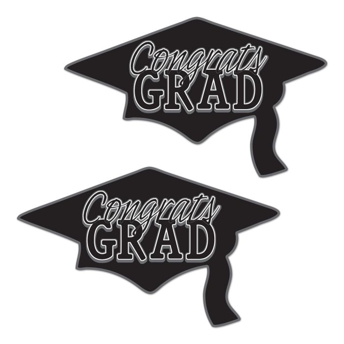 Two black graduation cap shapes with 'Congrats Grad' text on a white background