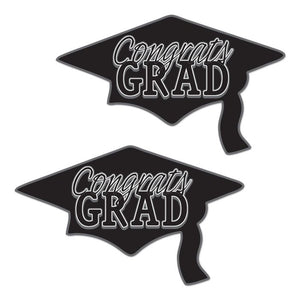 Two black graduation cap shapes with 'Congrats Grad' text on a white background