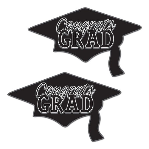 Two black graduation cap shapes with 'Congrats Grad' text on a white background