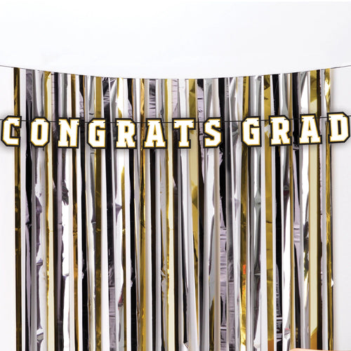 Graduation-themed decorative curtain with 'CONGRATS GRAD' text
