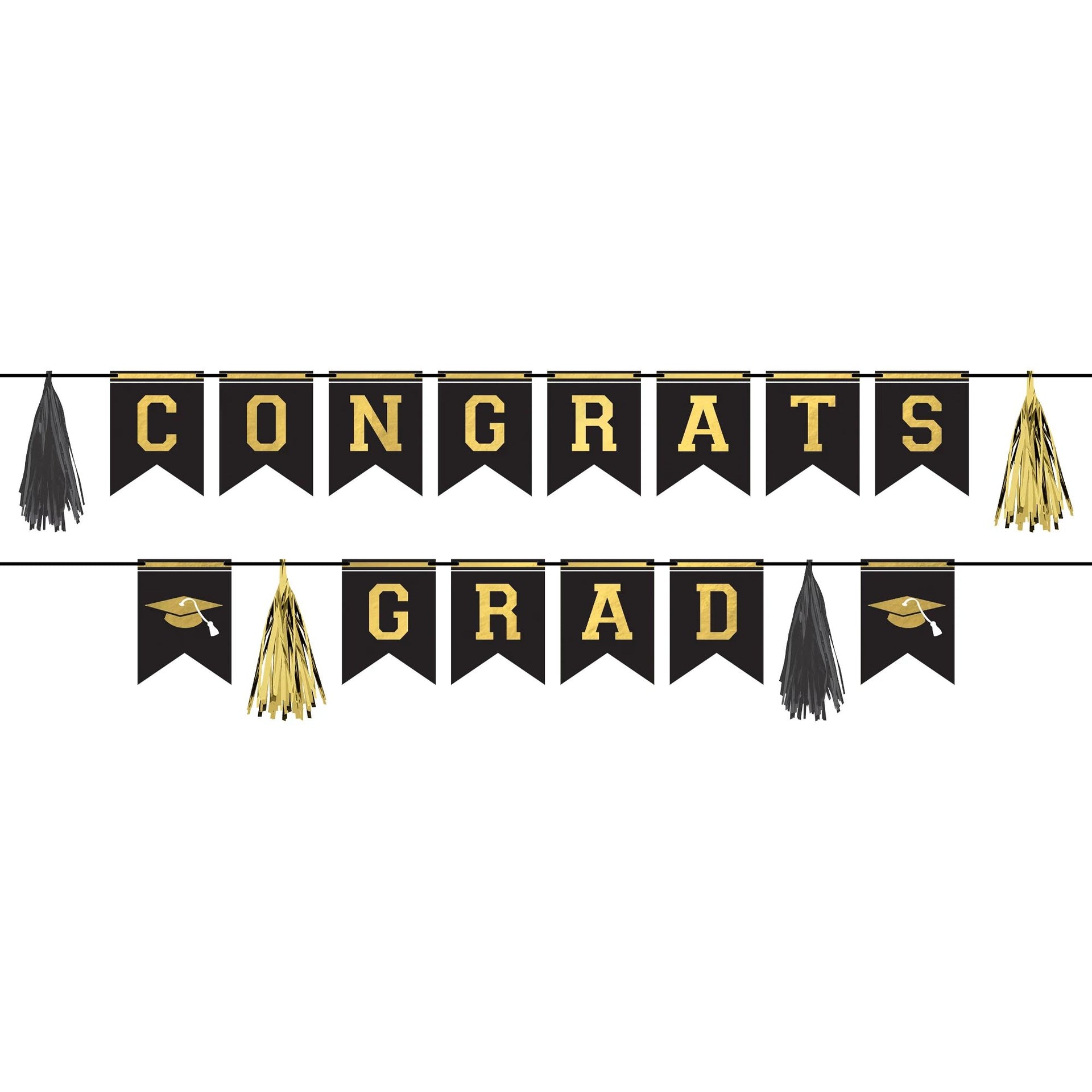 Graduation-themed banner with 'CONGRATS GRAD' text and tassels on a white background
