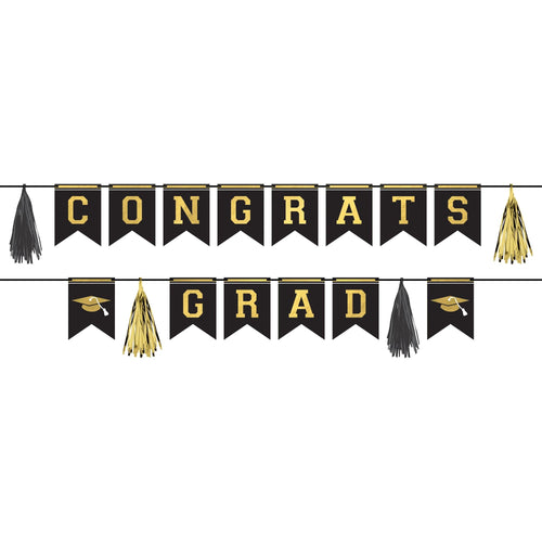 Graduation-themed banner with 'CONGRATS GRAD' text and tassels on a white background