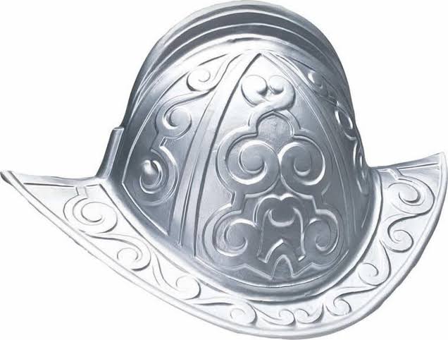 A silver-colored metal helmet with embossed decorative scrollwork patterns, isolated on a white background.