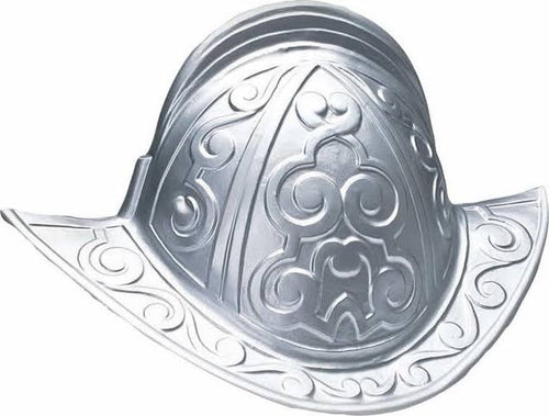 A silver-colored metal helmet with embossed decorative scrollwork patterns, isolated on a white background.
