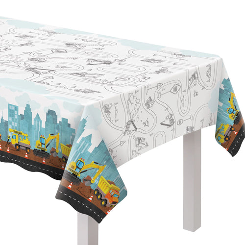 Tablecloth with construction vehicle and road pattern on a white background