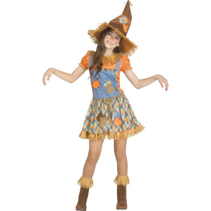 Child wearing a scarecrow costume with a hat, dress, and boots on a white background