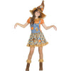 Child wearing a scarecrow costume with a hat, dress, and boots on a white background