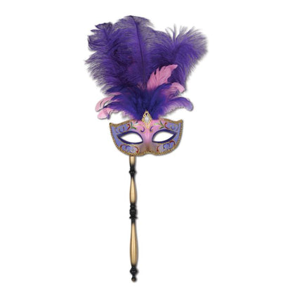 Mardi Gras mask with purple and pink feathers on a white background