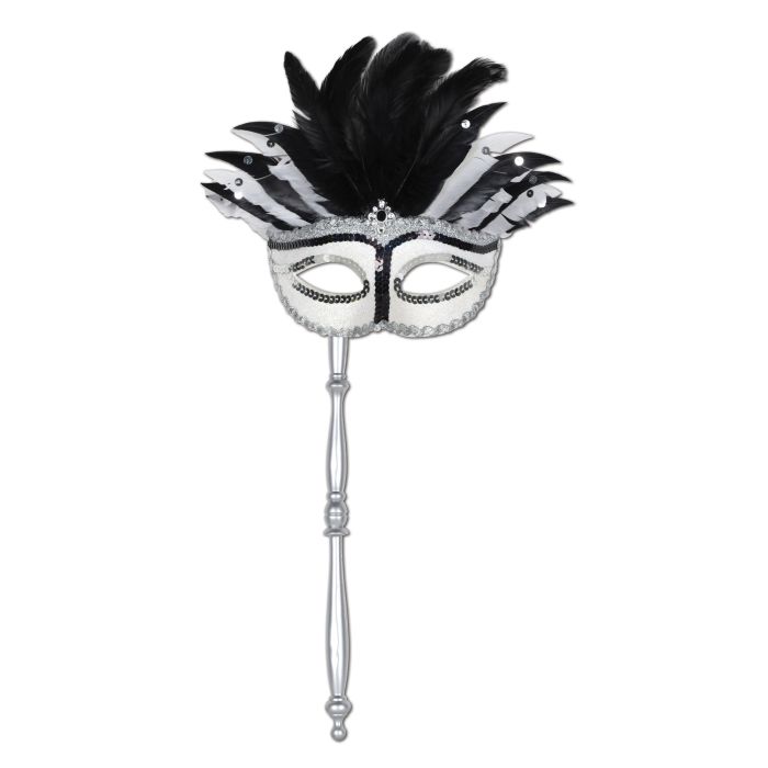 Decorative mask with black feathers and silver accents on a white background