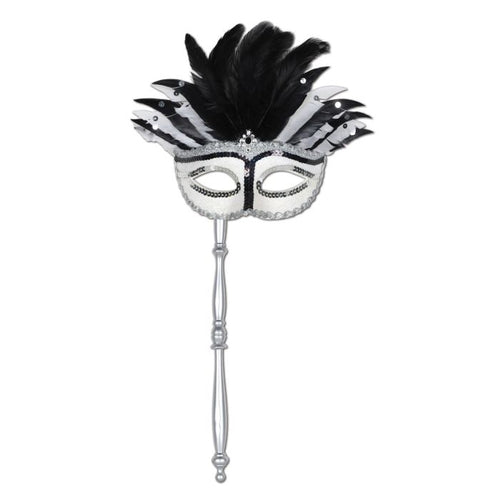 Decorative mask with black feathers and silver accents on a white background