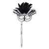 Decorative mask with black feathers and silver accents on a white background