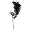 Black and silver mask on a stick with feathers against a white background