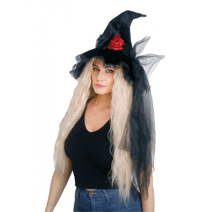 Black witch hat with red rose and wings on a white background