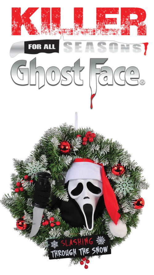 A Ghost Face themed holiday wreath ornament featuring the iconic mask, a Santa hat, a knife prop, and red berries, with large 'Killer for All Seasons Ghost Face' text above on a white background.