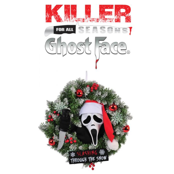A Ghost Face themed holiday wreath decoration featuring a Ghost Face mask, a knife prop, and a Santa hat, displayed below the 'Killer for All Seasons' Ghost Face logo on a white background.