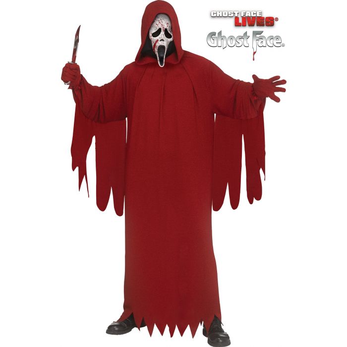 A person wearing a red hooded ghost costume with a white Ghost Face mask, holding a knife prop, on a plain white background. The Ghost Face Lives logo is visible in the top right.