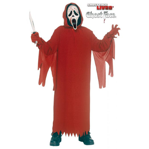 A person wearing a Ghostface-style Halloween costume stands against a white background, holding a knife. The costume includes a long red hooded robe with tattered edges, a white mask with black features, and black shoes.
