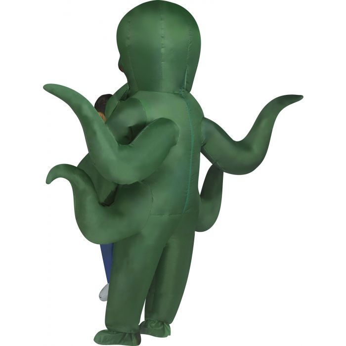 A green inflatable octopus costume shown from the back, worn by a person whose head and hands are visible inside the suit, on a plain white background.